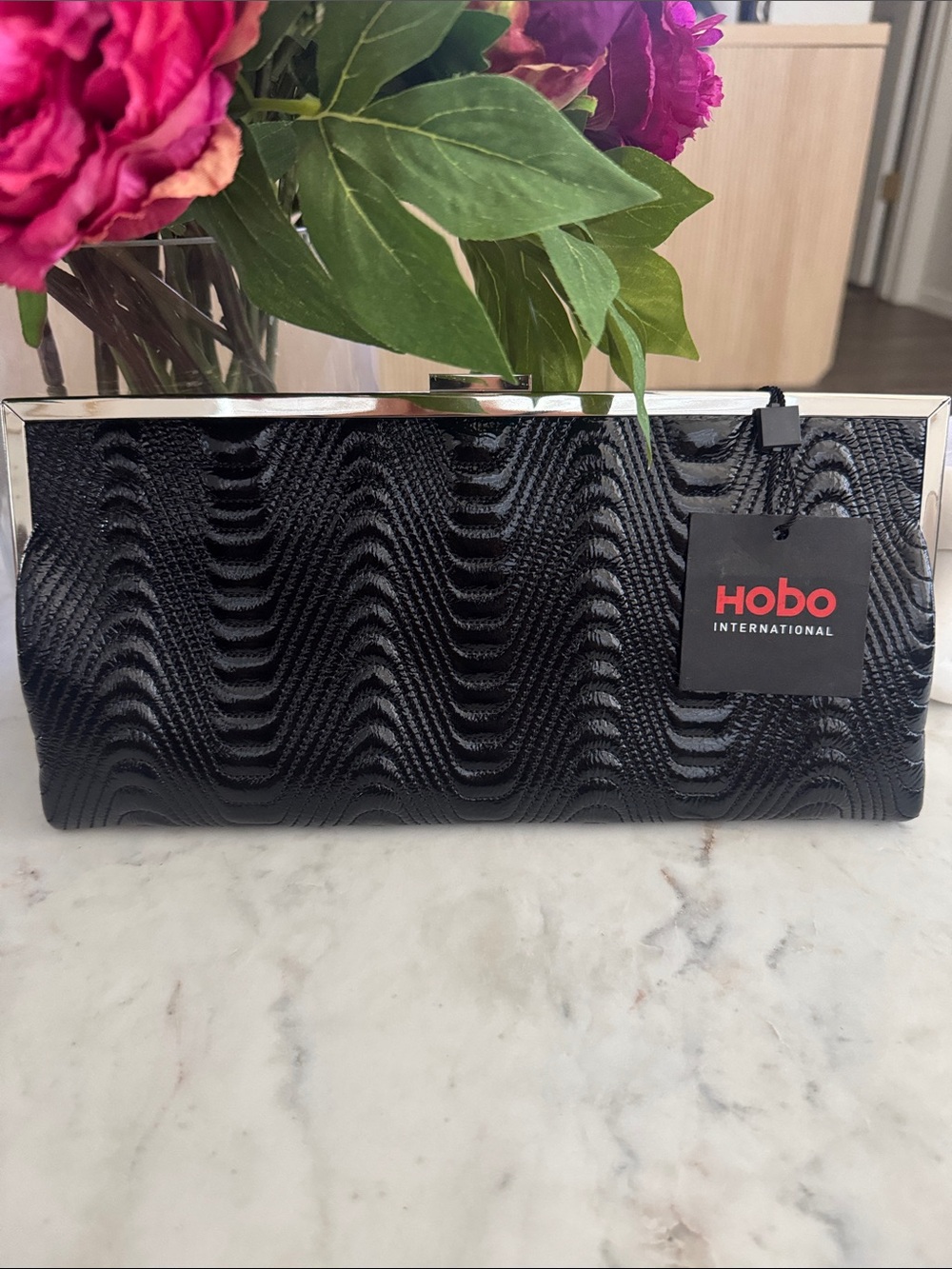 HOBO Black Textured Wave Clutch with Silver Trim